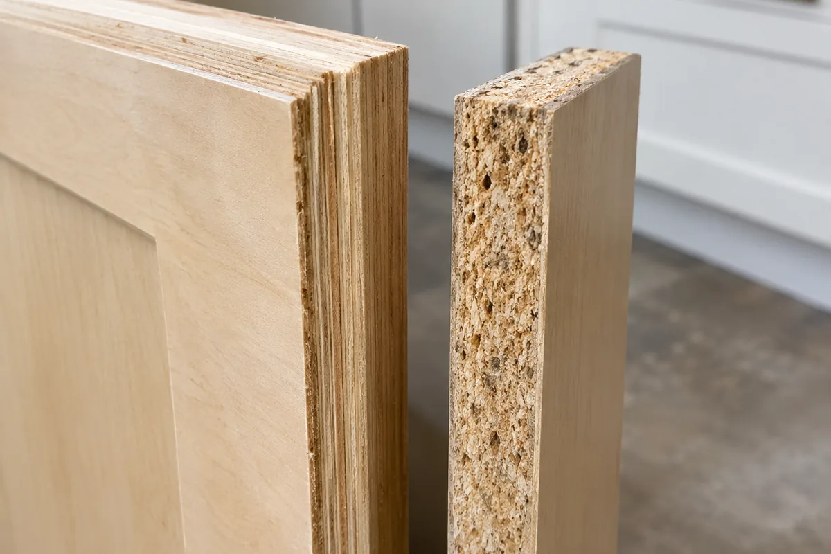 Two cut cabinet edges side by side, one layered plywood and one pressed particleboard