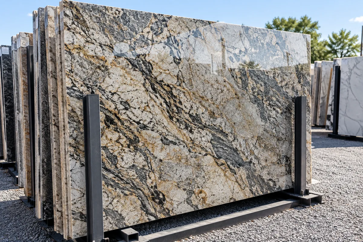 A granite slab with heavy veining standing on a rack in an outdoor stone yard