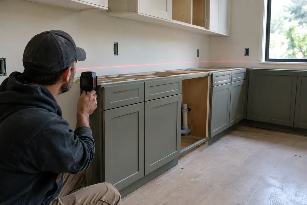 A worker holding a laser tool to mark a level line above a run of installed base cabinets with no countertop yet