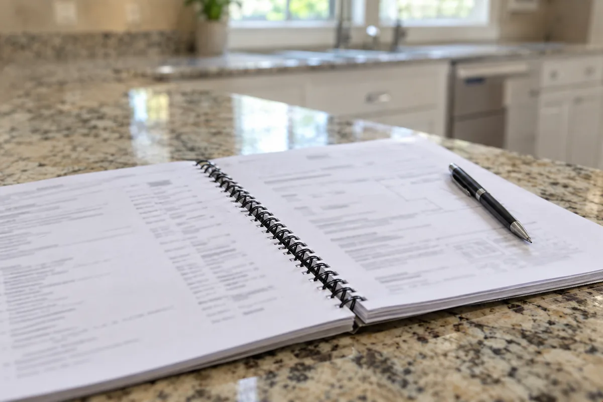 A printed multi page scope of work lying open on a kitchen counter beside a pen