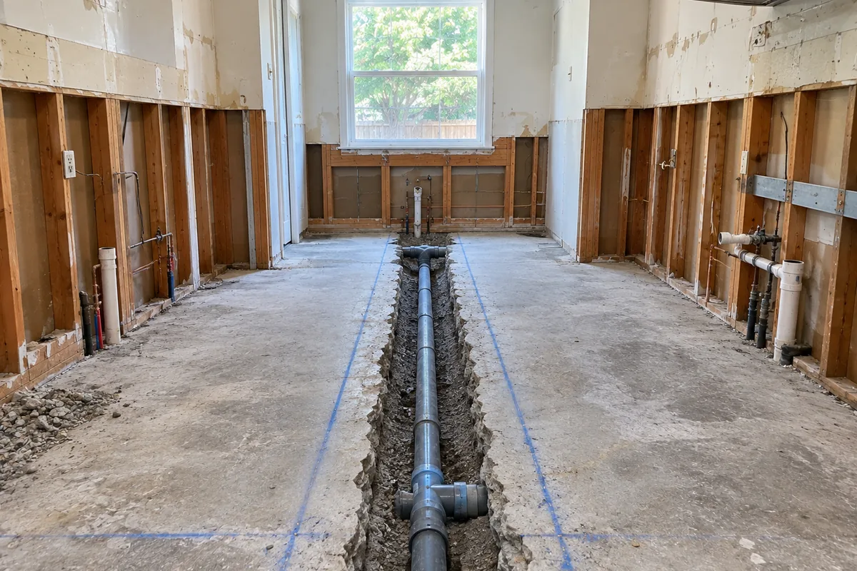 A saw cut trench through a kitchen slab with new drain pipe laid and fitted in the open trench