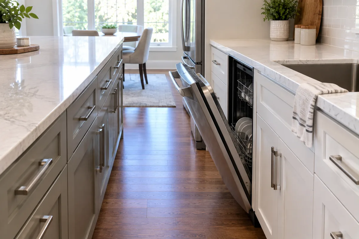 A small kitchen with an island squeezed in so an open dishwasher door blocks the walkway