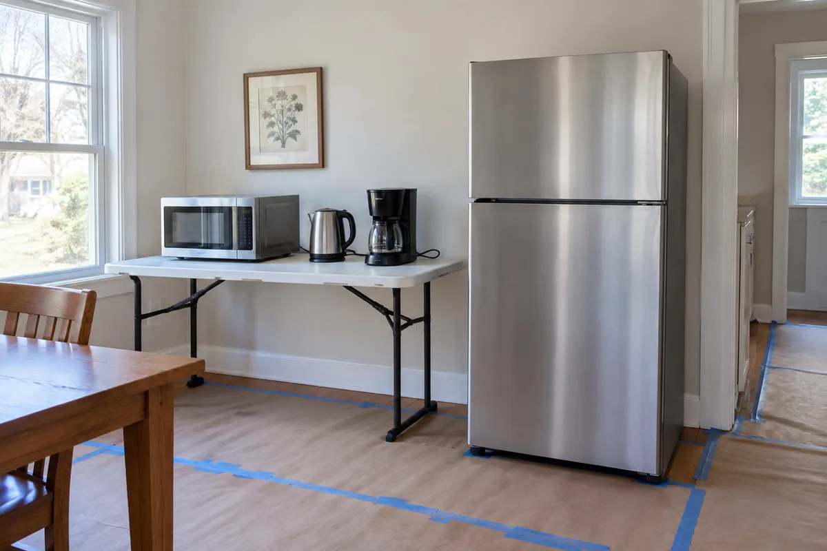 A temporary kitchen set up on a folding table with a microwave, kettle and coffee maker beside a plain refrigerator