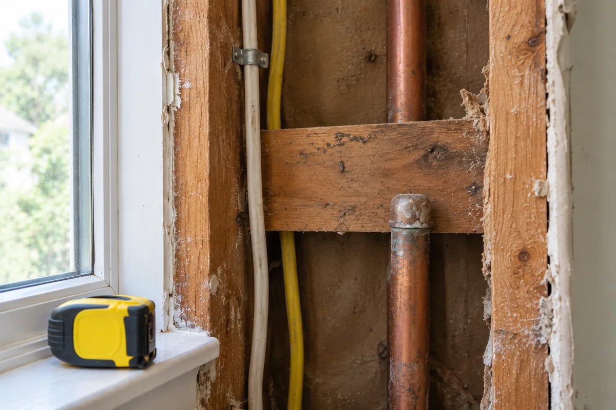 A single opened stud bay in a kitchen wall showing existing wiring, a capped copper supply line and old wood blocking, with a tape measure on the window sill
