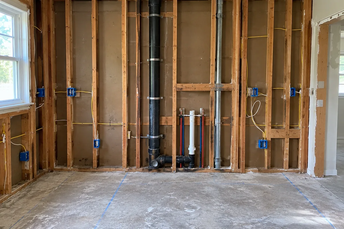 A kitchen wall opened to the studs showing the drain and vent stack, supply lines and electrical boxes